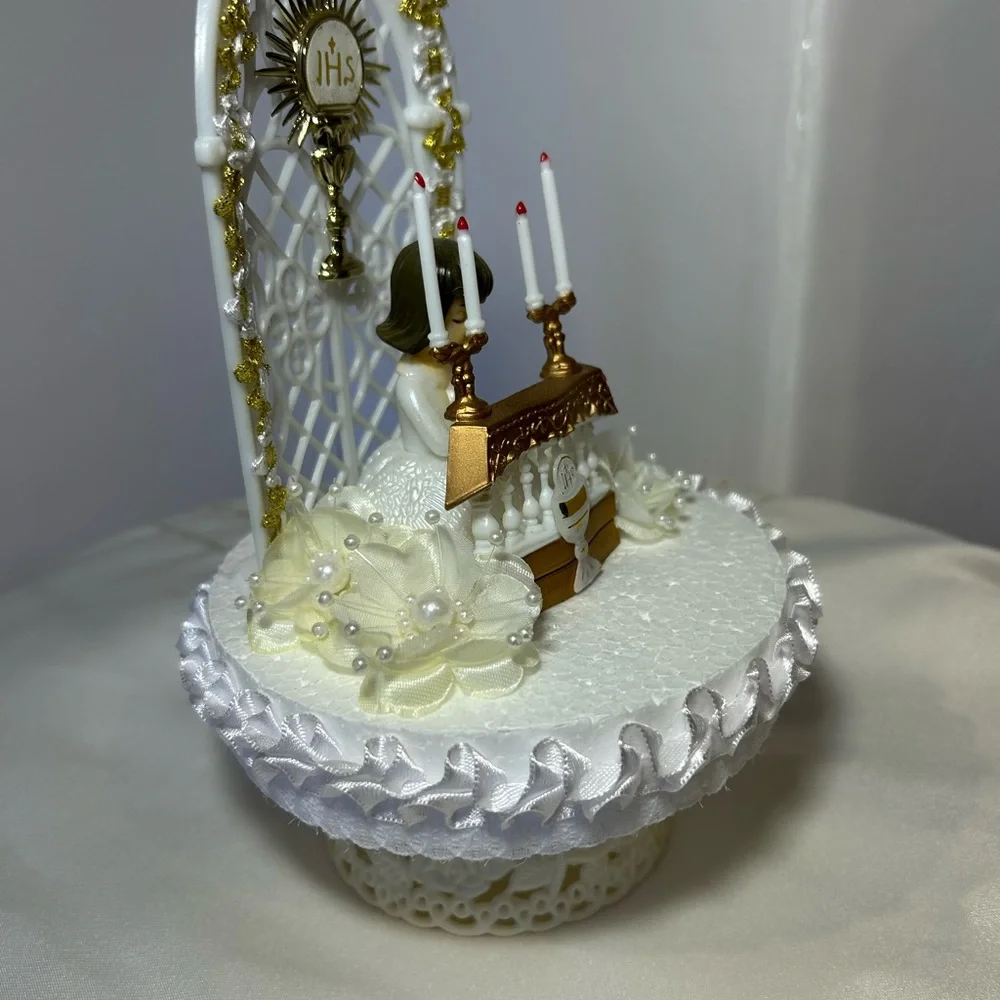 Elegant White and Gold First Communion Cake Topper